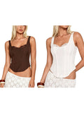 Women's Summer Solid Color Slim Tank Tops Lace Trim Scoop Neck Curved Hemline Corset Vest Streetwear