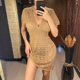 S - XL Short Sleeve V Neck Crochet Knitted Tunic Beach Cover Up Cover-ups Beach Dress Beach Wear Beachwear Female Women V5314