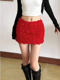 Fashion Three-dimensional 3D Rose Flower Decoration Women's Skirts Mid Waist Red Mini Skirts Summer 2026 New Sweet Women PM27