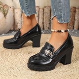 British Style Chunky High Heel Pumps Women 2026 Plus Size 42 Thick Heeled Loafers Woman Slip On Office Pu Leather Shoes Ladies
