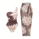 S - XL New With Skirt Printed One Shoulder Women Swimwear One Piece Swimsuit Female High Leg Cut Bather Bathing Suit Swim V8017