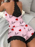 Summer Sleepwear Women's Casual 2 Pieces Pajamas Set Sleeveless V-Neck Heart Print Cami Tops and Shorts Set Loungewear
