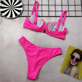 Sexy Ribbed Underwired V-bar Bikini Women Swimsuit Female Swimwear Two-pieces Bikini Set High Cut Bathing Suit Swim Beach Wear