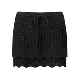 Womens Crochet Knit Mini Skirt Casual Stylish Drawstring Low Rise Tiered Hem Short Skirt Summer Beach Holiday Boho Cover-ups