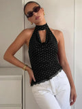 FDYOUI Women's Chic Polka Dot Tanks Top 2026 Summer Off Shoulder Lace Patchwork Corset Bandage Backless Crop Tops Streetwear