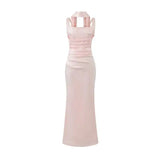Pure Desire Style Collarbone-revealing Strapless Long Dress Feminine And Slim-fitting With Pleated Waist Tie Straps Bodycon LWIO
