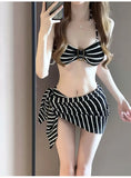 Elegant Black White Stripe Three Piece Swimsuit Set with Halter Buckle Top Wrap Skirt Modest Swimwear for Beach Pool Vacation