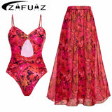 Floral Retro Printed Swimsuit with Cover up Women's Sexy Swimwear Bikini Female Bodysuit Bathingsuit Beachwear 2025