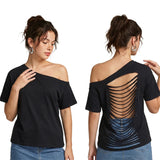 Women's Ripped Backless T-shirt Off Shoulder Short Sleeve Loose Fit Tee Tops Solid Color Shirts for Party Club Gothic Summer