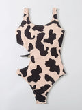 2026 Cow Print Rib Cut-out One Piece Swimsuit Ring Link Swimwear Women Bathing Suit Female Swimming Summer Beachwear Bodysuit