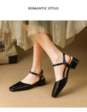 Plus Size 34-41 Women's Sheepskin Narrow Band T-strap Square Toe Summer Sandals 3.5cm Thick Low Heel Elegant Ladies Dress Shoes
