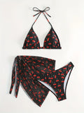 With Mesh Sarong Skirt Cherry Printed Bikini Female Swimsuit Women Swimwear Three Pieces Bikini Set Bathing Suit Swim Beachwear