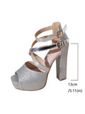 Sexy Women High Heels Sandals 2026 Summer Platform Sequin Cloth Cross Belt Buckle Wedding Open-toe Shoes Pumps Party Dress