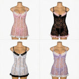 Pink Sexy Lace Ruffled Suspender Nightdress for Women Babydoll Lingerie Push Up Chemise Sleepwear