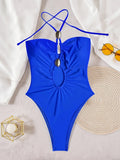 2026 Summer Women's One-piece Suit Swimwear Sexy Hollow Out Neck Lace-up Bodysuit Beachwear High Waist Push Up Bathing Suits