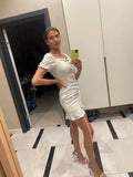 Lace up embriodery white summer dress women hollow out beach short dress puff sleeve ruffle ruched bodycon mini dress vestidos