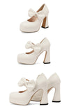 Plus Size Women's Bow Mary Janes Platform Chunky Heels Ankle Strap High Heel Pumps Sweet Lolita Party Dress Shoes