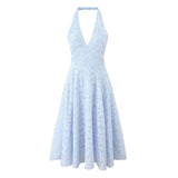 French Style Blue Jacquard Dress With French Vibe V-neck Backless Holiday Halter-neck Dress Niche Long Dress Pure Desire U633