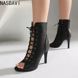 Plus Size Women Peep Toe Cutout Lace Up Ankle Boots with Side Zipper Stiletto High Heels Summer Hollow Out Short Booties