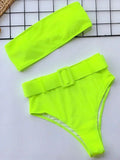 Neon Green Bandeau Swimsuit High Waist Bikini 2025 Women Swimwear Female Two pieces Bikini set Buckle Waistband bathing suit