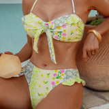 Vintage Yellow Floral Print Bikini Set 2026 Women Front Bow Push Up Ruffles High Waist Swimsuit Bathing Suit Two Piece Swimwear