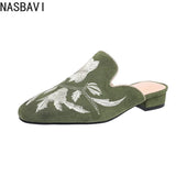 NASBAVI Fashion 3d Embroidery Mules Women Fur Slippers Velvet Shoes Ladies Low Heel Flower Decoration Sandals Women's Flip Flops