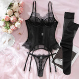Toucheart Erotic Lingerie Set Women Romantic Tight Fishbone Bra Heavy Industry Lacemesh Hollow Splicing Garter Belt Andstockings