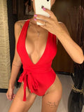 Sexy Wrap Around Bandage Women Swimwear One Piece Swimsuit Female Bather Deep V Neck Bathing Suit Swim Backless Monokini V1639C