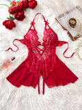 Bodycon Teddy Dress Crotchless Sheer Underwear Set Lace See Through Halter Deep V Sexy Lingerie Sultry Nightwear For Date Night