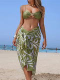 Printed Wrinkled With Sarong Bikini Female Swimsuit Women Swimwear Three-pieces Bikini set Padded Bather Bathing Suit Swim K7259