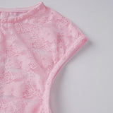 Women Summer Solid Color Sheer Lace Crop Tops Cap Sleeve Scoop Neck Solid Color T-Shirts