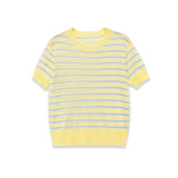 Fashionable Casual Striped Short-sleeve Knit Shirt Women Yellow Blue Striped Short Sleeve Knit Top Crew Neck Summer T Shirt SEUY