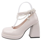 10cm Super High Heels Mary Jane Shoes Women Fashion Patent Leather Platform Pumps Woman Pearls Chain Ankle Strap Party Shoes