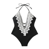 Sexy Push Up Tummy Control Swimwear Women Black Plunge Neck Padded One Piece Swimsuit Lace Beach Bathing Suit Bodysuit Monokini