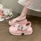 Fashion Crystal Buckle Platform Sandals Women Pink Embroidery Thick Heels Sandalias Mujer Comfortable Heightened Rome Sandals
