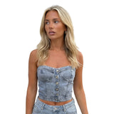 Women Summer Denim Vest Off Shoulder Street Casual Party Street Buttons Short Wrap Chest Tops