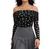 Women Spring Summer Off Shoulder Cropped Tops Slim Long Sleeve Ruched Sheer Going Out T-shirts
