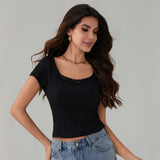 Women's Summer Solid Color Basic T-Shirts Casual Slim Fit Stylish Lace Trim Bow Crew Neck Short Sleeve Crop Tops