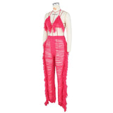 DEKAWomen Tassel Pants Knitted Bra Top Bikini Set Swimsuit Handemade Crochet Bikini Cover Up Tassel Beach Long Wrap Pant