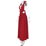FDYOUI Sexy Halter Neck Backless Wedding Party Dress Women 2026 Summer Hollow Out Lace-up Long Maxi Evening Dresses Red Gowns