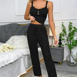 Women Ribbed Pajama Set Lace Trim Camisole Top & Drawstring Pants Sexy Sleepwear Autumn Soft Lounge Homewear