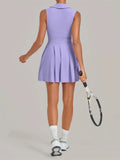 Summer Women Solid Tennis Dresses Sleeveless Turn Down Collar Pleated Skirts with Detachable Pocket Shorts Slim Yoga Golf Dress