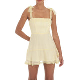 Women Fashion Double Layer Backless Cami Dress Summer Casual Floral Print Tie-Up Shoulder Strap Mini Dress Grey/Pink/Yellow