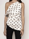Women’s Satin Off Shoulder Tank Tops Trendy Sleeveless Dots Print Asymmetric Tops Summer Slim Fit Vest