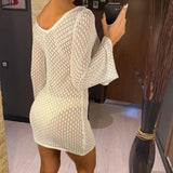 V Neck Long Sleeve Hollow Out Crochet Knitted Tunic Beach Cover Up Cover-ups Beach Dress Beach Wear Beachwear Female Women V6081