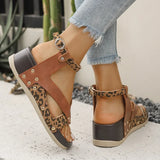 Summer Leopard Print Wedge Sandals Women Plus Size Ankle Strap High Heel Sandal Female New Slip On Pu Leather Sandalias Mujer