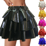 Women's Gold Metallic Tiered Mini Skirt Elastic High Waist Shiny Pu Ruffle Hem Party Skirts Dance Performance Festival Outfits
