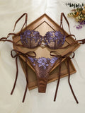 Purple Floral Embroidery Fishnet Lingerie Set Women Sheer Underwire Bra Side Tie Thong Sexy Ladies Underwear ZA825200