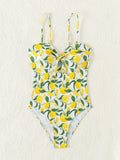 2026 New Yellow Fruit Print Bikini Suspender Backless Sexy One Piece Swimsuit High Waist Hollow Out Beach Vacation Bathing Suit