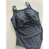 Metal Ring Backless Black Women Swimwear One Piece Swimsuit Female Brazilian High Leg Cut Padded Bather Bathing Suit Swim V7512
